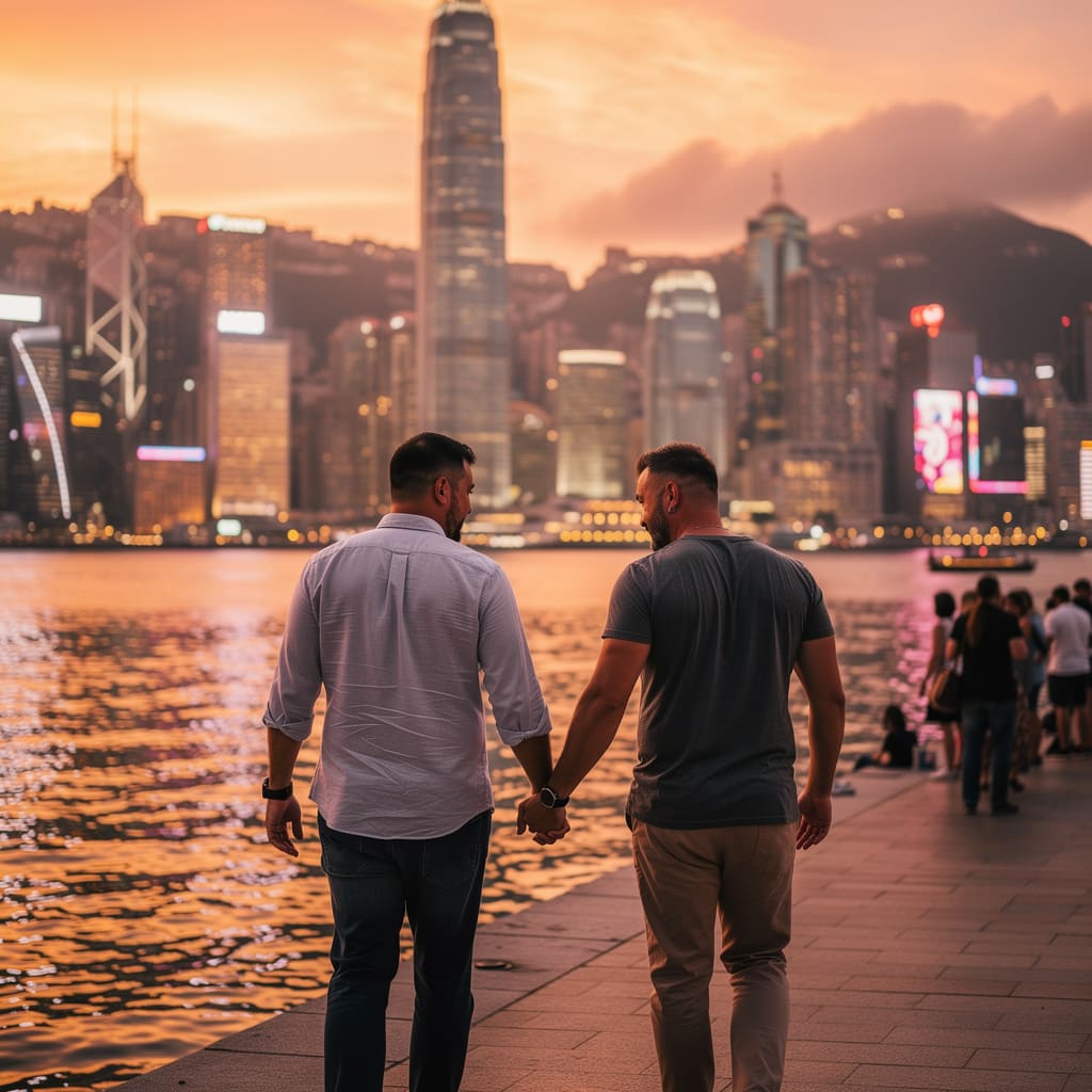 A stylish couple enjoying cocktails at a rooftop bar overlooking the Hong Kong skyline.